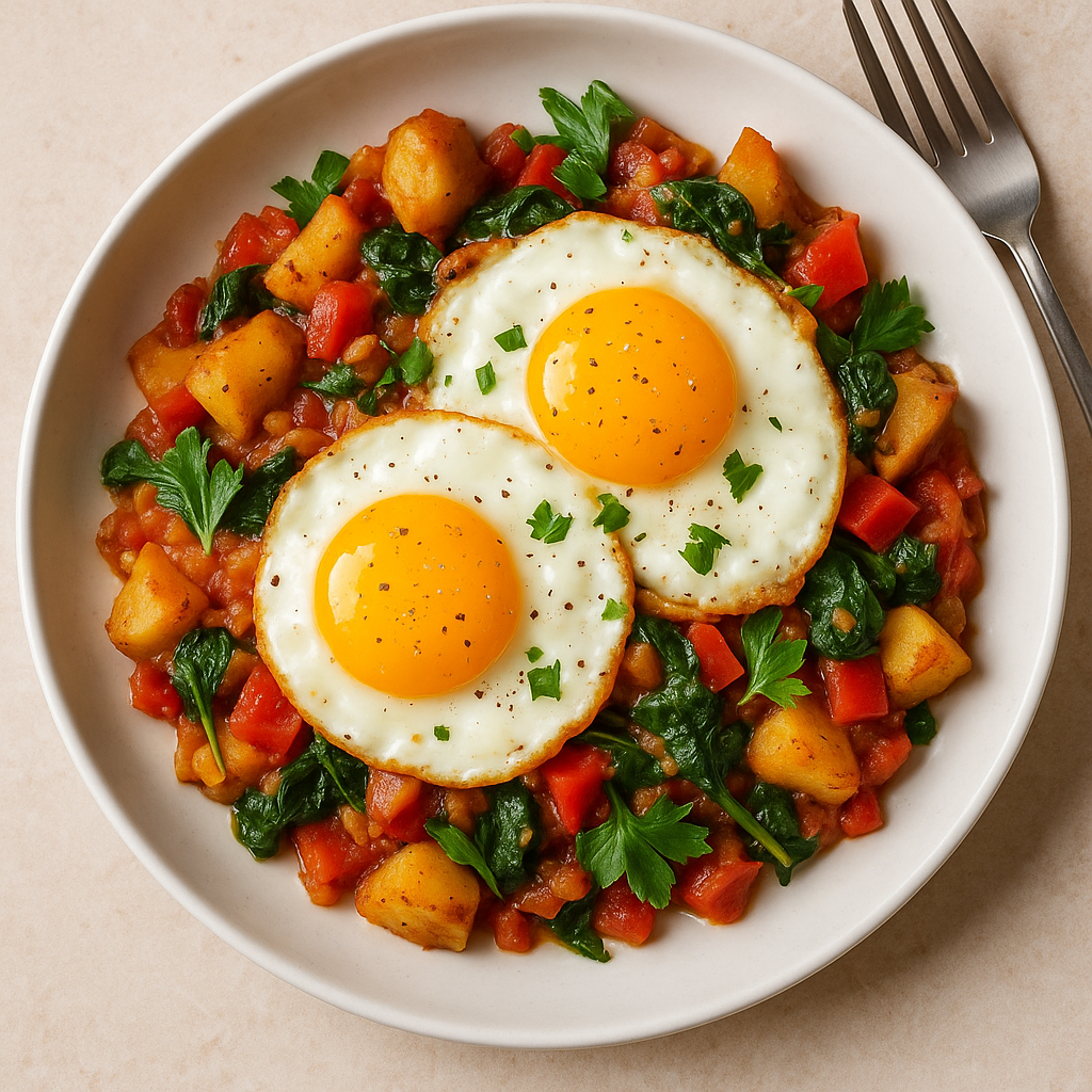 Title A vibrant dish with two sunny-side-up eggs atop sautéed potatoes, tomatoes, bell peppers, spinach, and parsley, served on a white plate.